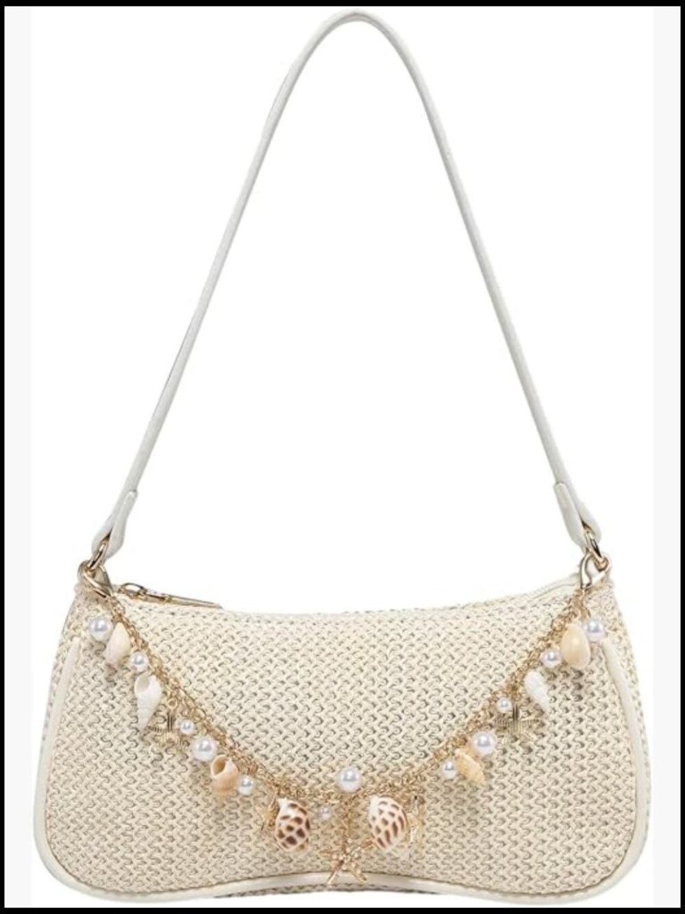 Boho Straw Shoulder Bag Beaded Pearls Chain Strap Baguette Handbag Y2K
